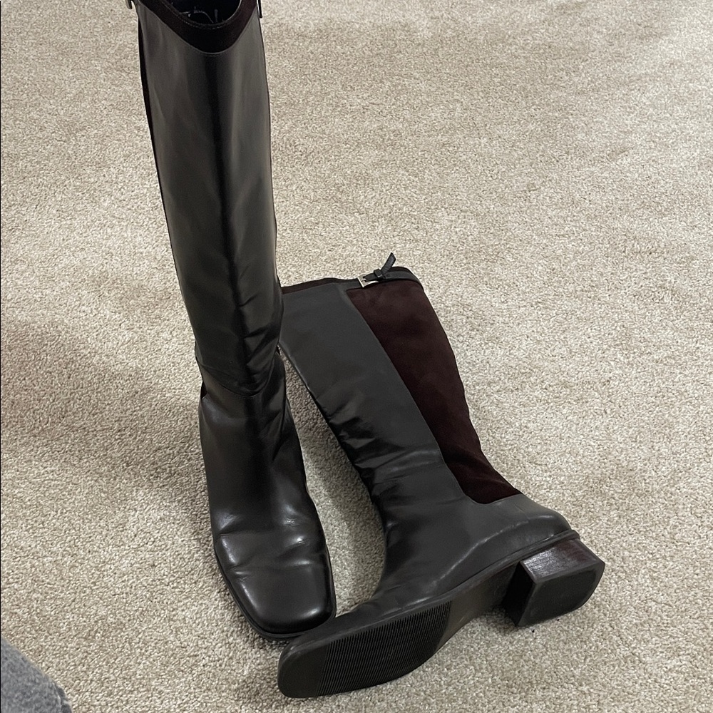 Dark Brown Leather and Suede Knee-High Boots